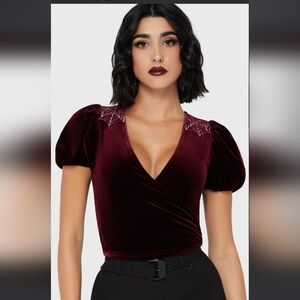 Killstar Burgundy Velvet Blouse with Spiderweb Detail